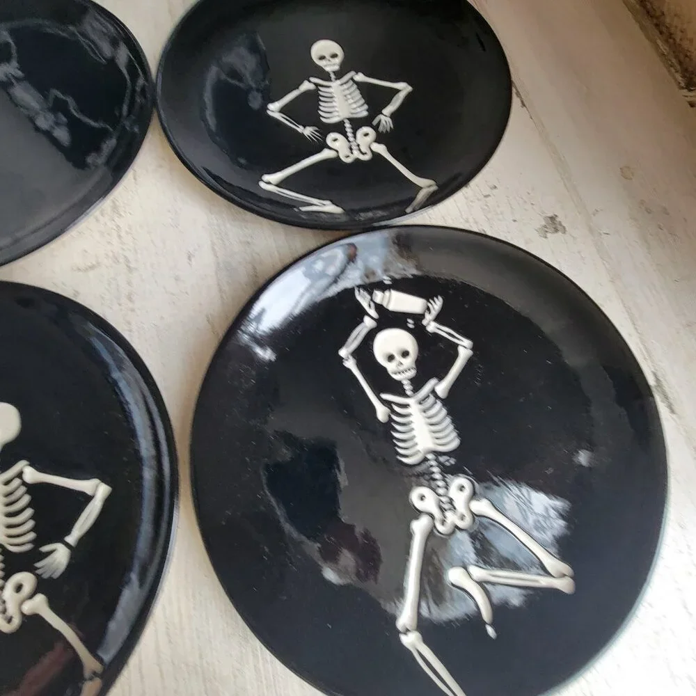 Pottery Barn party skeletons Halloween appetizer plate set decor black‎